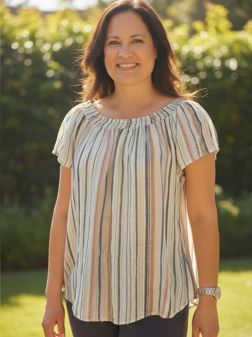 beachlunchlounge Striped Off-Shoulder Tunic in Cream, Pink and Tan